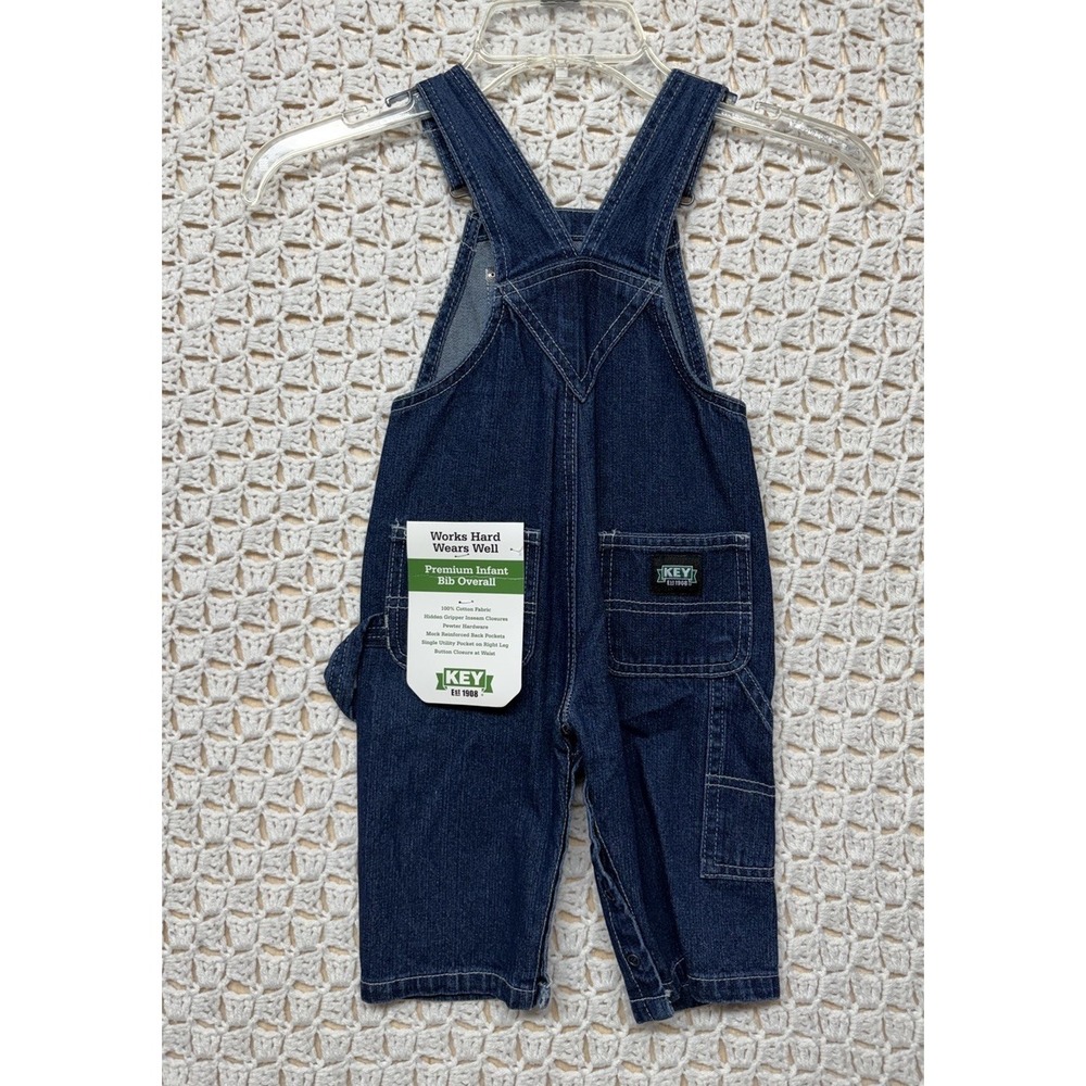 Key Bib Overalls Kids Youth Sz 9 Months Blue Denim Carpenter 100%Cotton Snap NWT